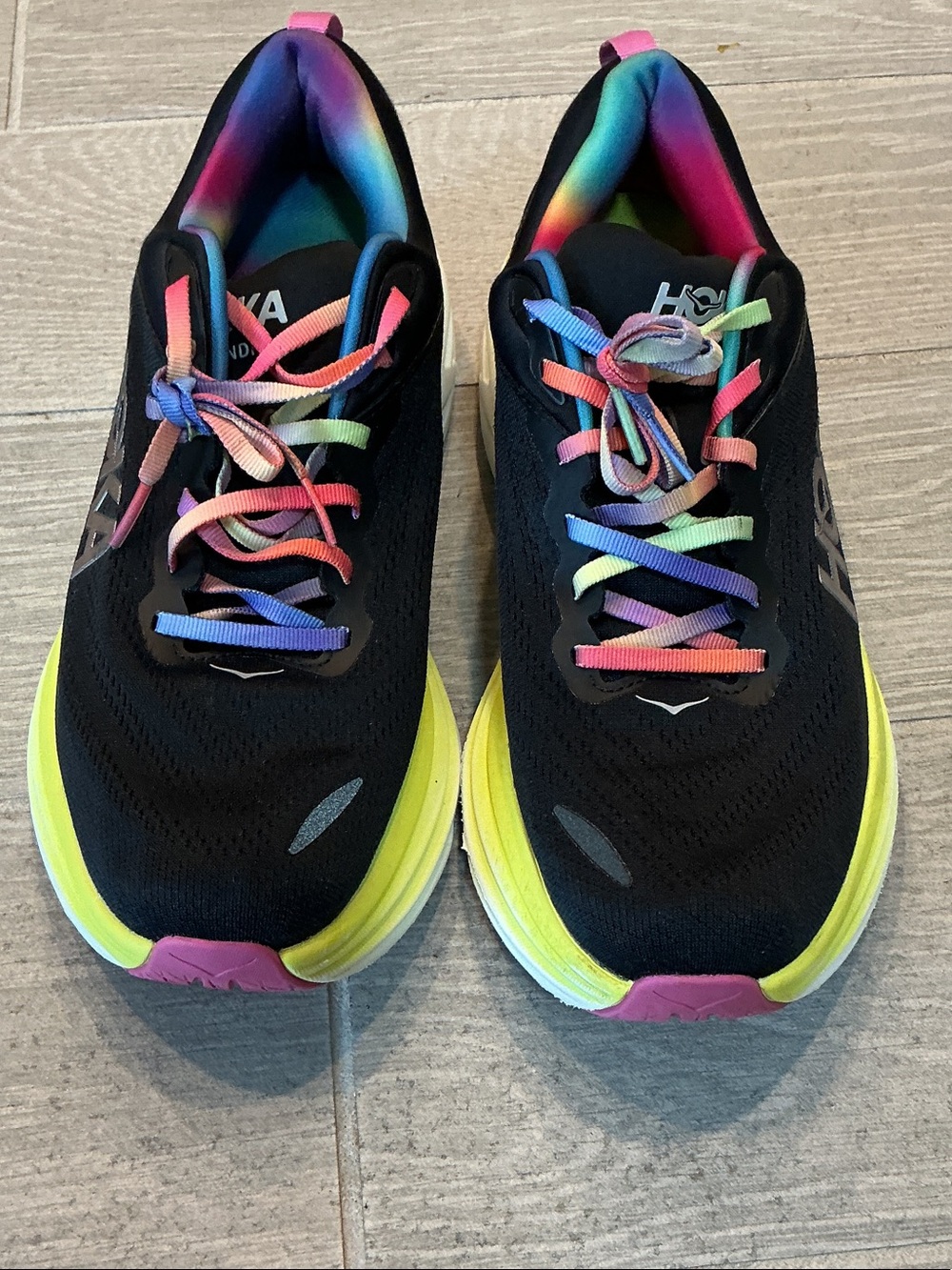 Hoka Bondi 8 Black/Citrus Glow Running Shoes Rainbow Accents Men’s Sz 10.5D